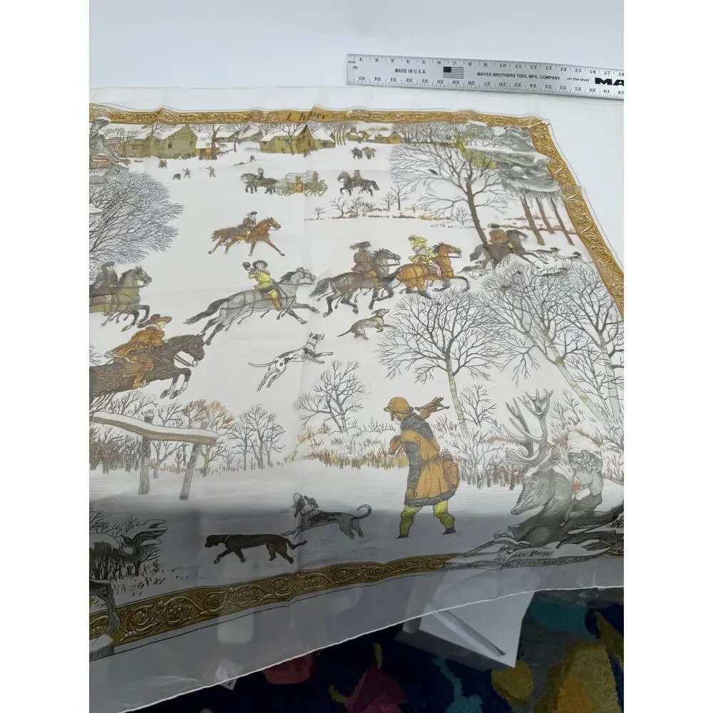 Hermes Extremely Rare 100% Silk Mirrored Image Hunt Scene Sheer Large Cape Shaw